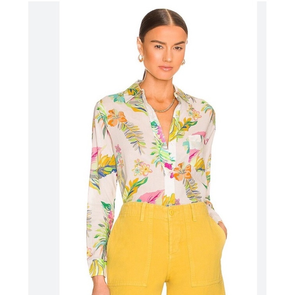 Le Superbe Tropical Fruit Floral Cotton Button Down Shirt White Multi Size 8